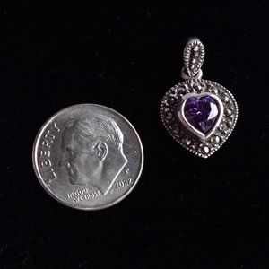 Amethyst heart pendant, marcasite. Sterling silver. Vintage.